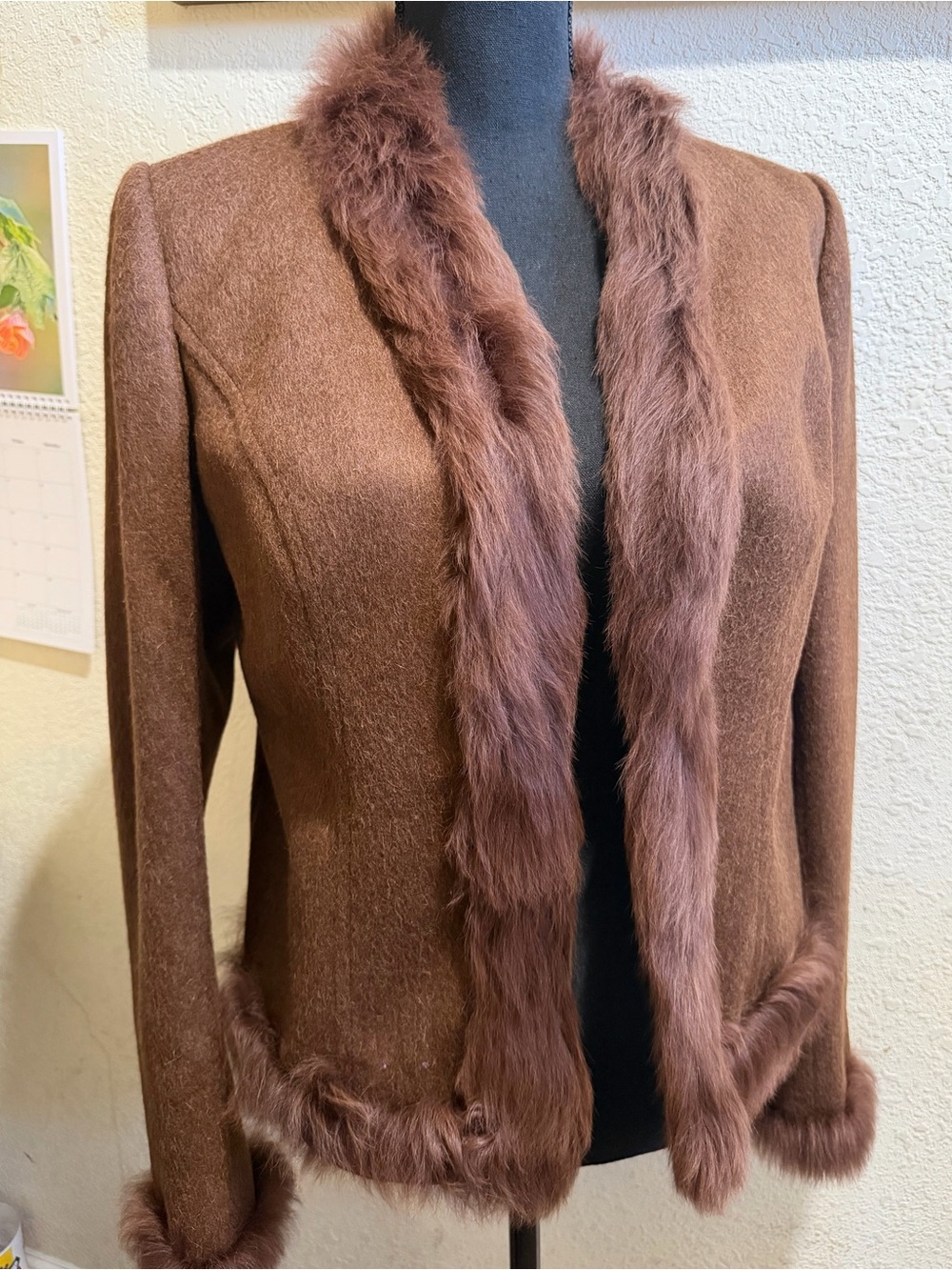 Women's Brown 100 % alpaca Fur Trim Blazer Jacket